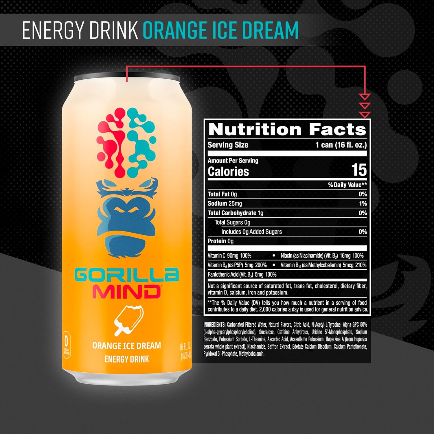 Gorilla Mind Energy Drink | Unmatched Energy · Amplified Focus | N-Acetyl-L-Tyrosine, Alpha-GPC, 200mg Caffeine, Uridine, Saffron | 0 Sugar Or Artificial Colors | 16oz, 12-Pack (Orange Ice Dream)