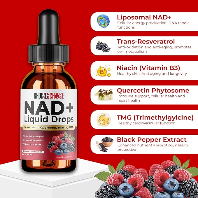NAD+ Liquid Drops – with Resveratrol, Quercetin, Niacin & TMG – 10-in-1 Nutrient Support Formula for Cellular Energy & Wellness – Mixed Berry Flavor – 2 fl oz