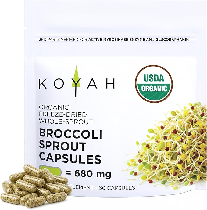 KOYAH - Organic Broccoli Sprout Capsules – Freeze-Dried Whole Broccoli Sprouts – 3rd Party Tested for Active Myrosinase & Glucoraphanin (Sulforaphane Glucosinolate) - 60 Capsules