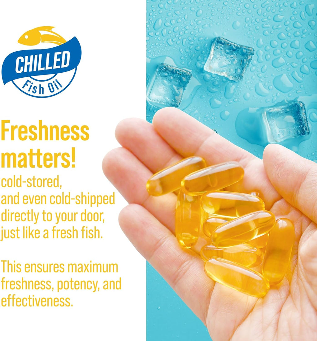 Chilled Triple Strength Omega 3 Fish Oil Supplement, We Solved The Omega 3 Oxidation Problem | Cold-Packed for Freshness & Potency – Heavy Metal Free EPA & DHA for Heart & Brain Support, 200 Softgels