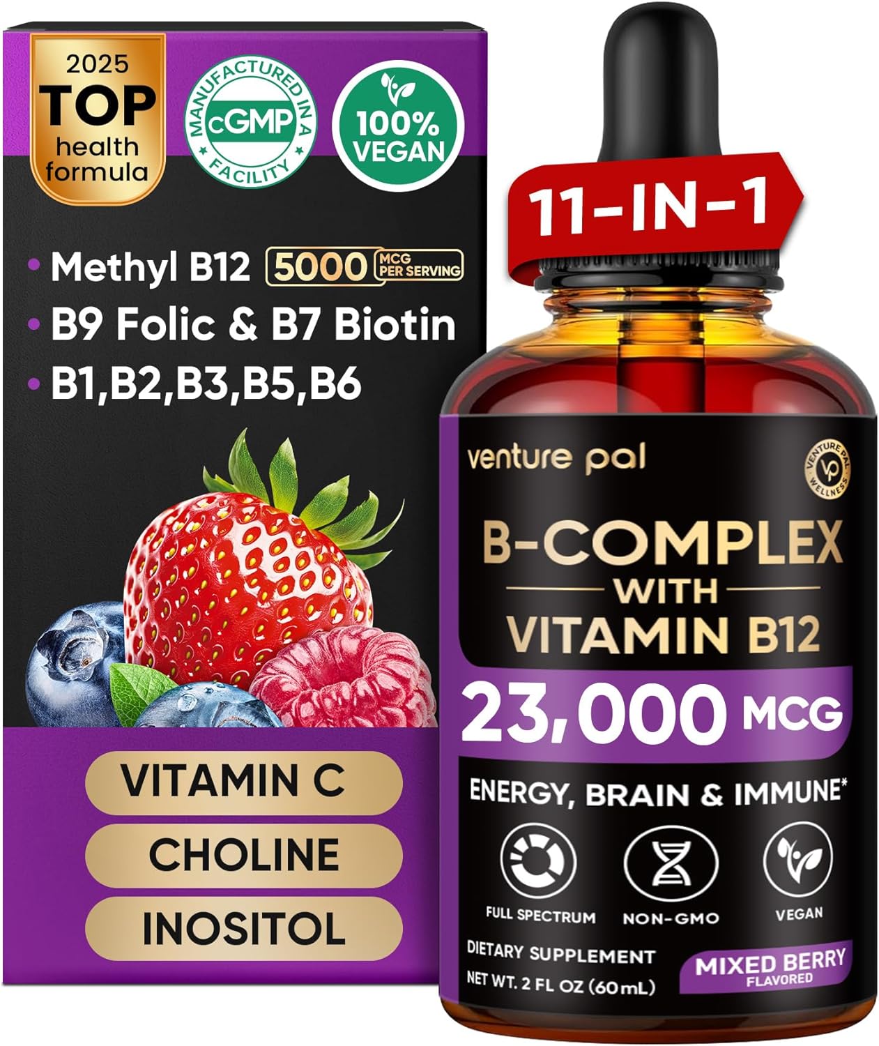 Venture Pal 11-in-1 Vitamin B Complex Liquid Drops, B12 Methylcobalamin | B9 Folic | B1,B2,B3,B5,B6,B7 - Vitamin C, Choline, Inositol, Immune & Energy Metabolism, Brain & Heart Support