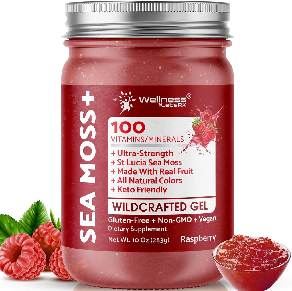 Irish Sea Moss Gel Raw - Wildcrafted Superfood Seamoss Gel - Raspberry Flavor, Vitamin and Mineral-Rich from Pristine Caribbean Waters, Immune and Digestive Health Support - 10 oz.