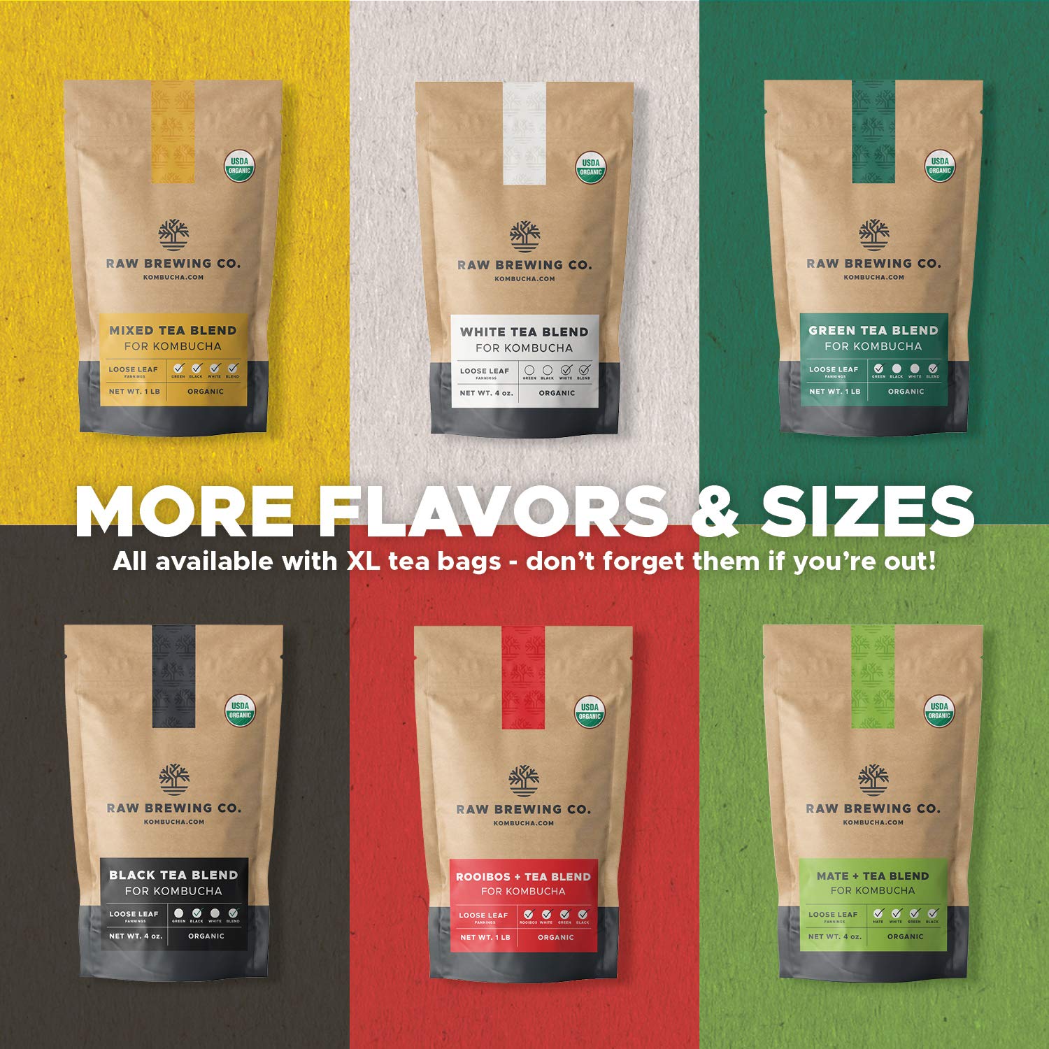 Kombucha.com Certified Organic Loose Leaf Rooibos & Tea - Kombucha Brewing Blends (Rooibos/Black/Green/White Tea Blend, 8 oz + 50 XL FILTER BAGS) - 30% Rooibos 70% Tea