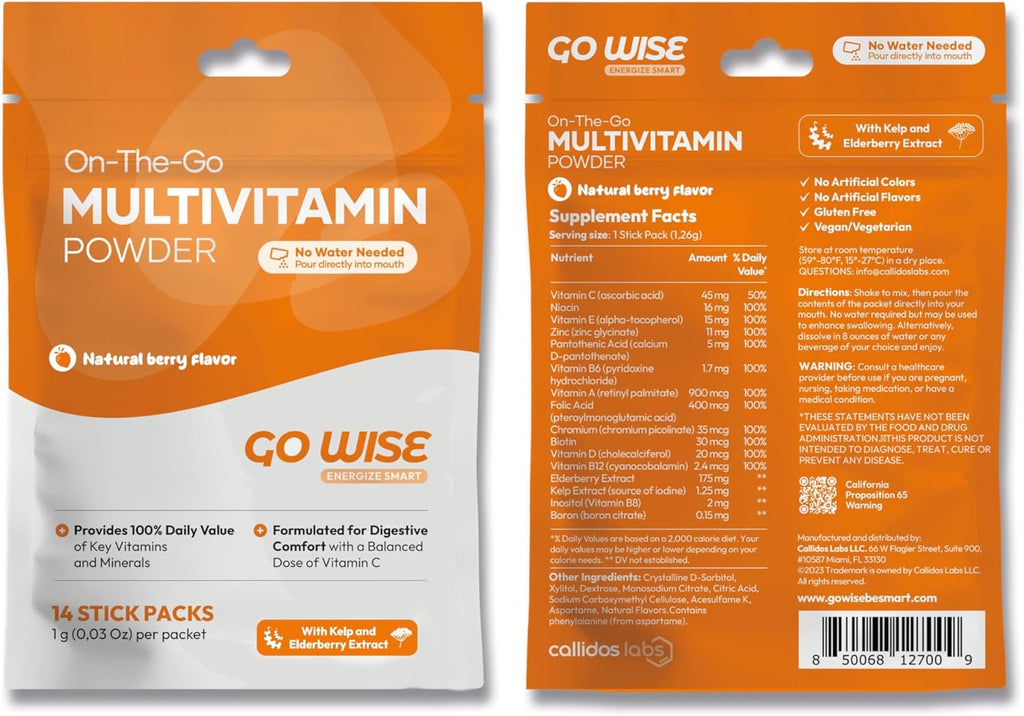 Go Wise On The Go Multivitamin Powder - Natural Berry Flavor - 14 Convenient Stick Packs - Portable Vitamin Supplement for Travel, Daily Nutrition, Energy and Immune Support for Men and Women