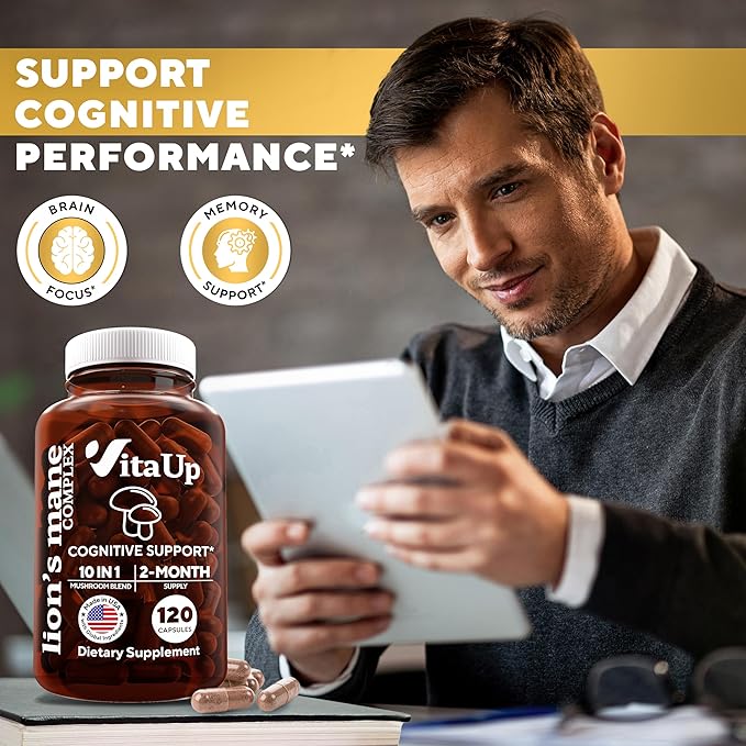 Lions Mane Supplement Capsules - USA Made 10 in 1 Mushroom Supplement - Mushroom Complex with Lions Mane, Cordyceps, Turkey Tail, Reishi, Shiitake for Cognitive & Immune Support - 120 Count