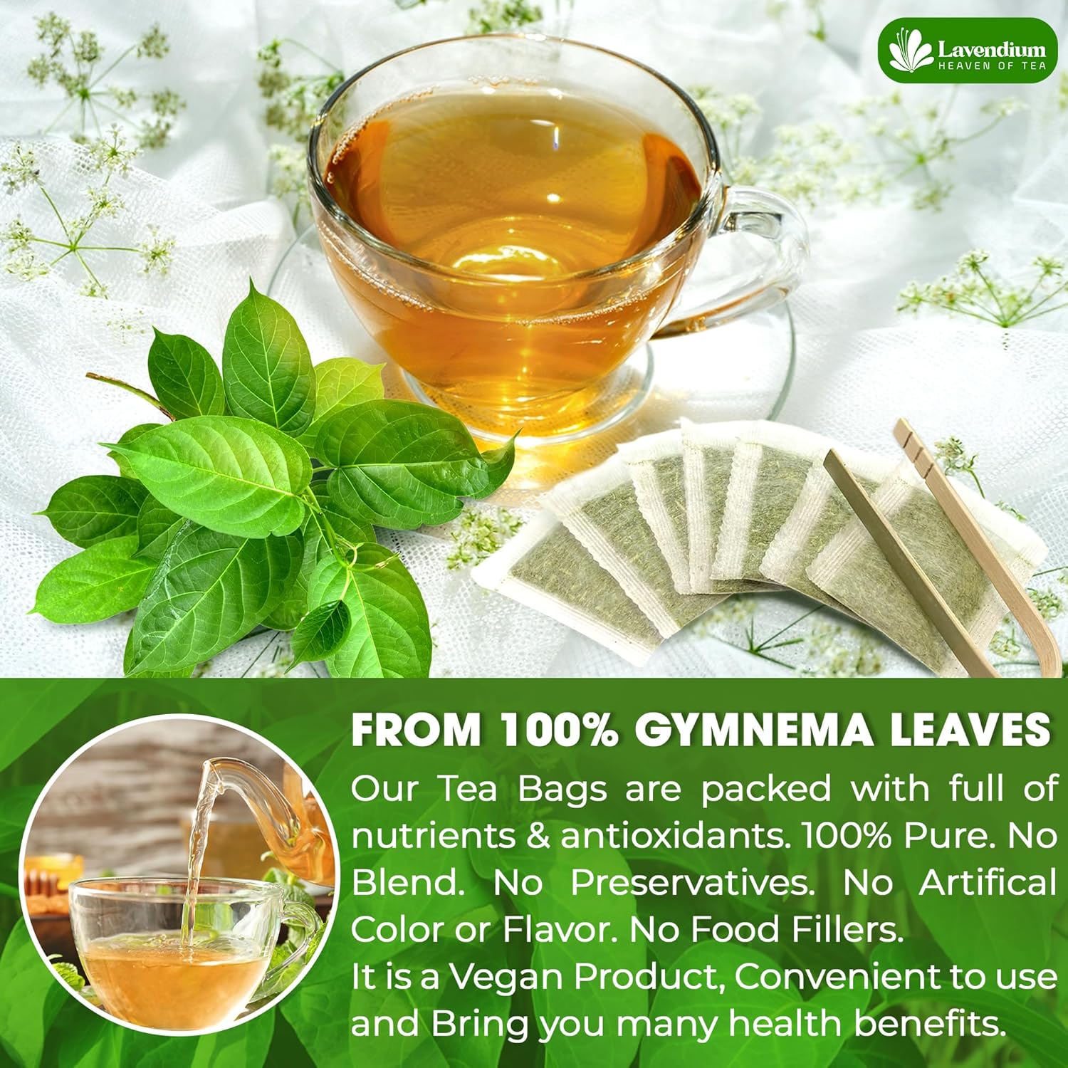 Lavendium, Premium 60 Gymnema Leaf Tea Bags, 100% Natural & Pure from Gymnema Leaves. Gymnema Tea Bags for Diabetics - COLD-DRIED for Maximum Freshness and Nutrient Retention. No Sugar, Vegan.
