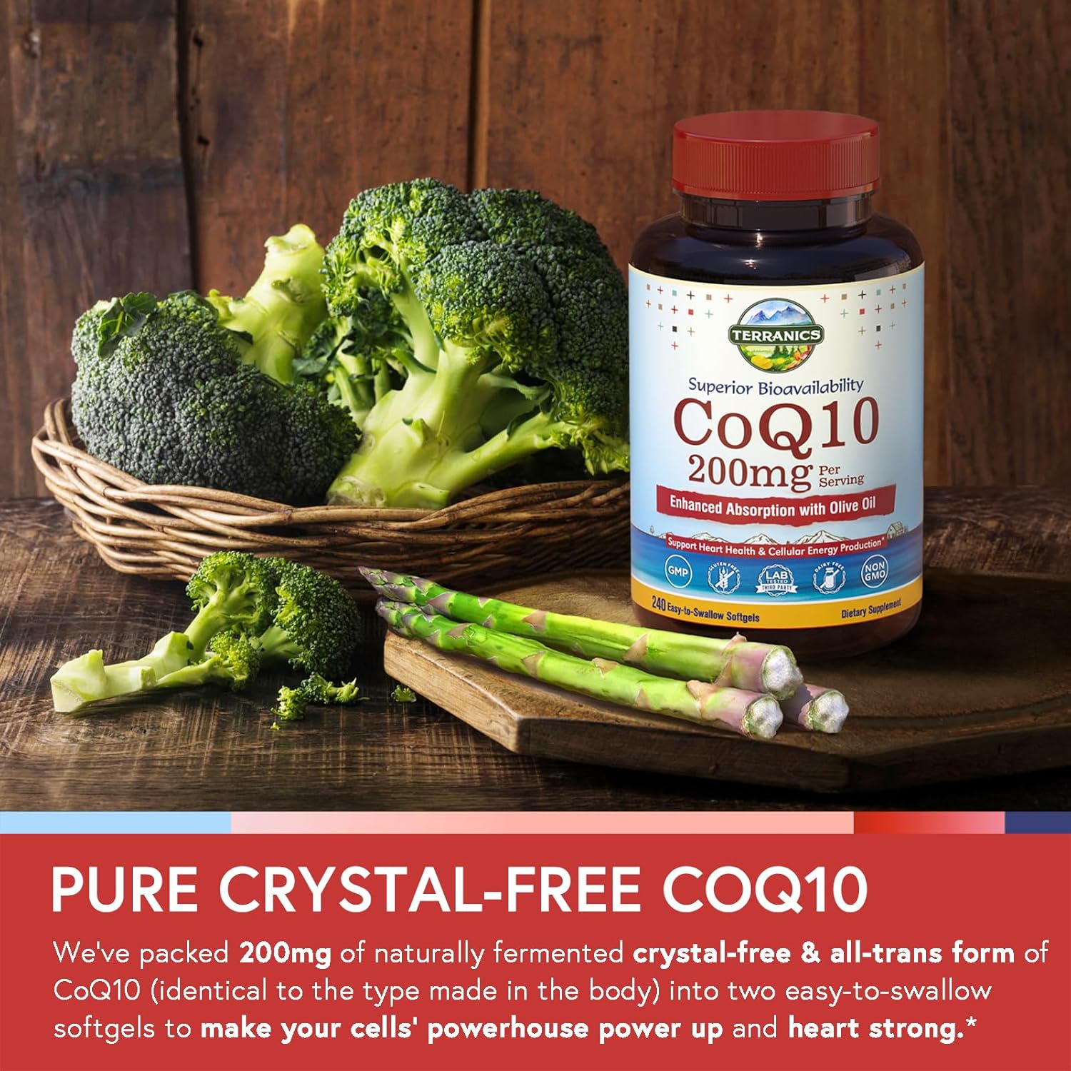 Terranics CoQ10 200mg, Coenzyme Q10 Supplement with Extra Virgin Olive Oil for Enhanced Absorption, Made in USA, Supports Heart Health, Antioxidant Protection, Energy Production, Non-GMO, 240 Softgels