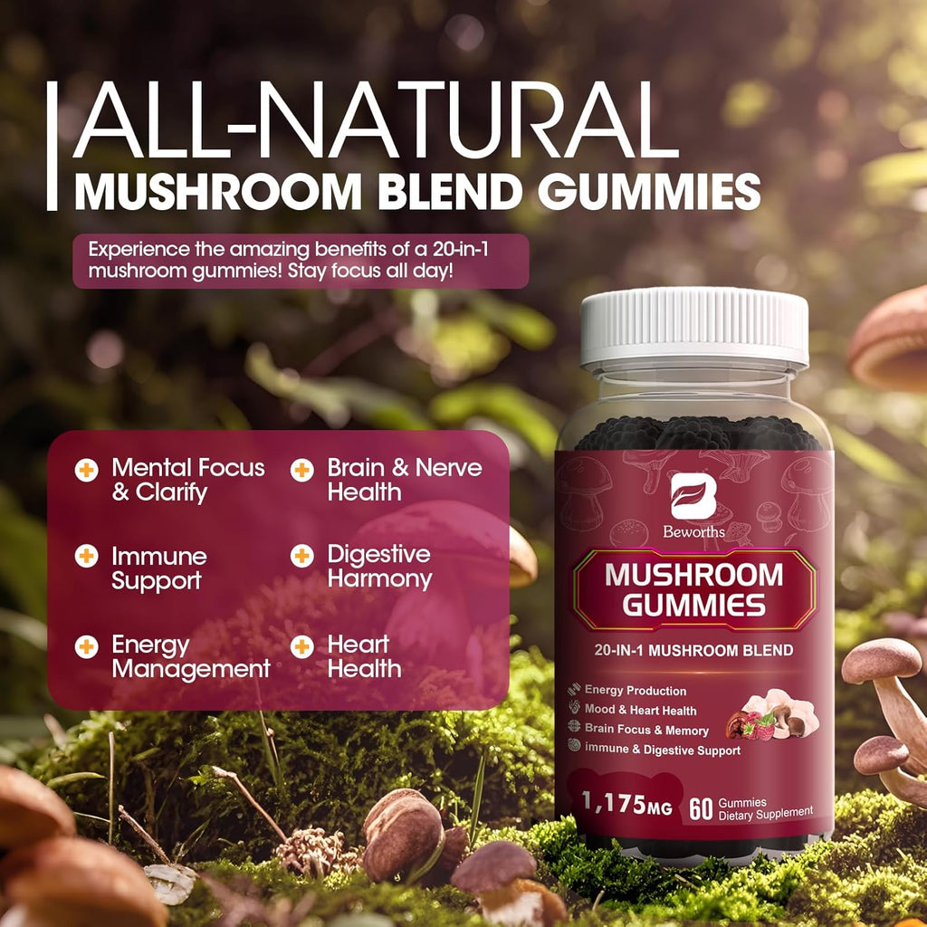 Mushroom Gummies, 20 in 1 Lions Mane Mushroom Complex Supplement with Reishi, Chaga, Cordyceps & More for Adult, Support for Brain, Focus, Cognitive & Immune Health, Vegan, Raspberry Flavor, 60 Count