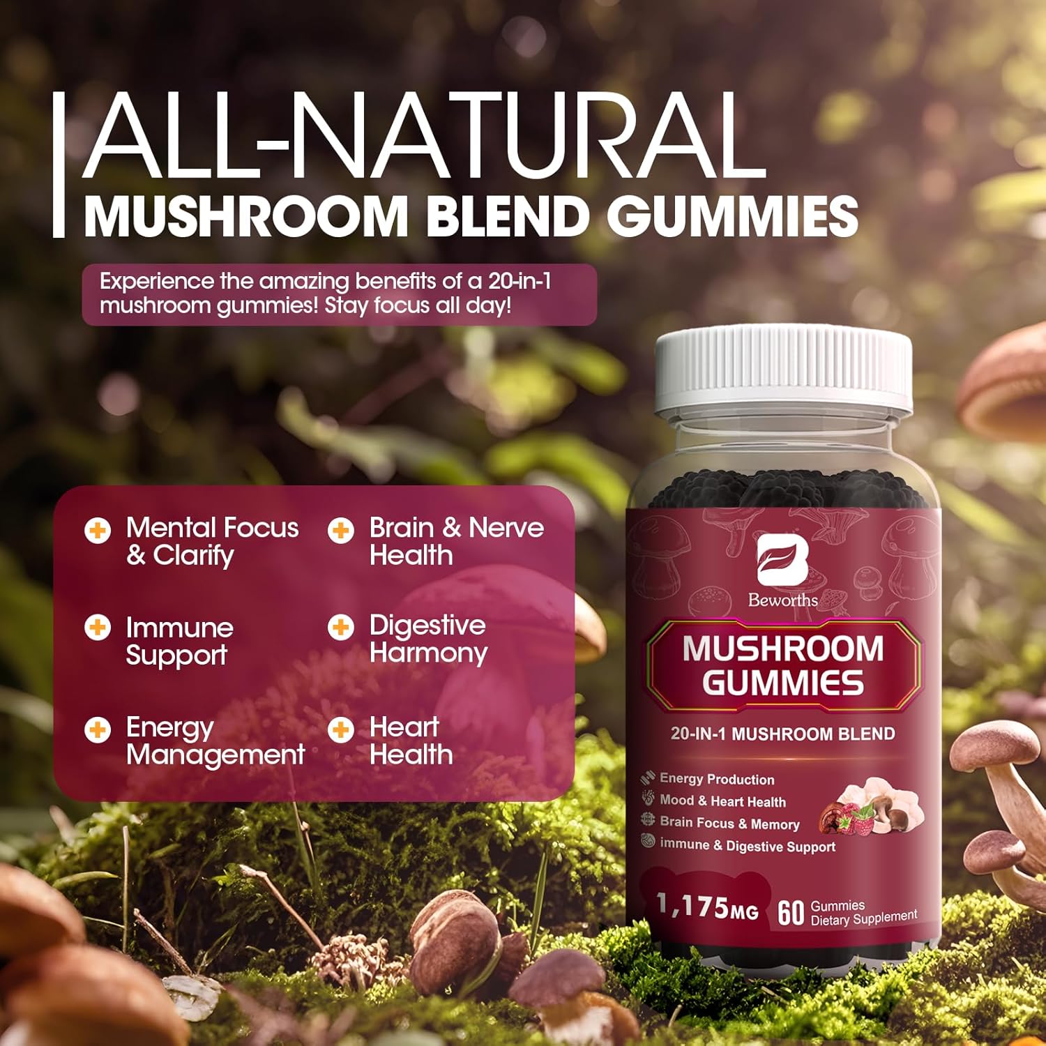 Mushroom Gummies, 20 in 1 Lions Mane Mushroom Complex Supplement with Reishi, Chaga, Cordyceps & More for Adult, Support for Brain, Focus, Cognitive & Immune Health, Vegan, Raspberry Flavor, 60 Count