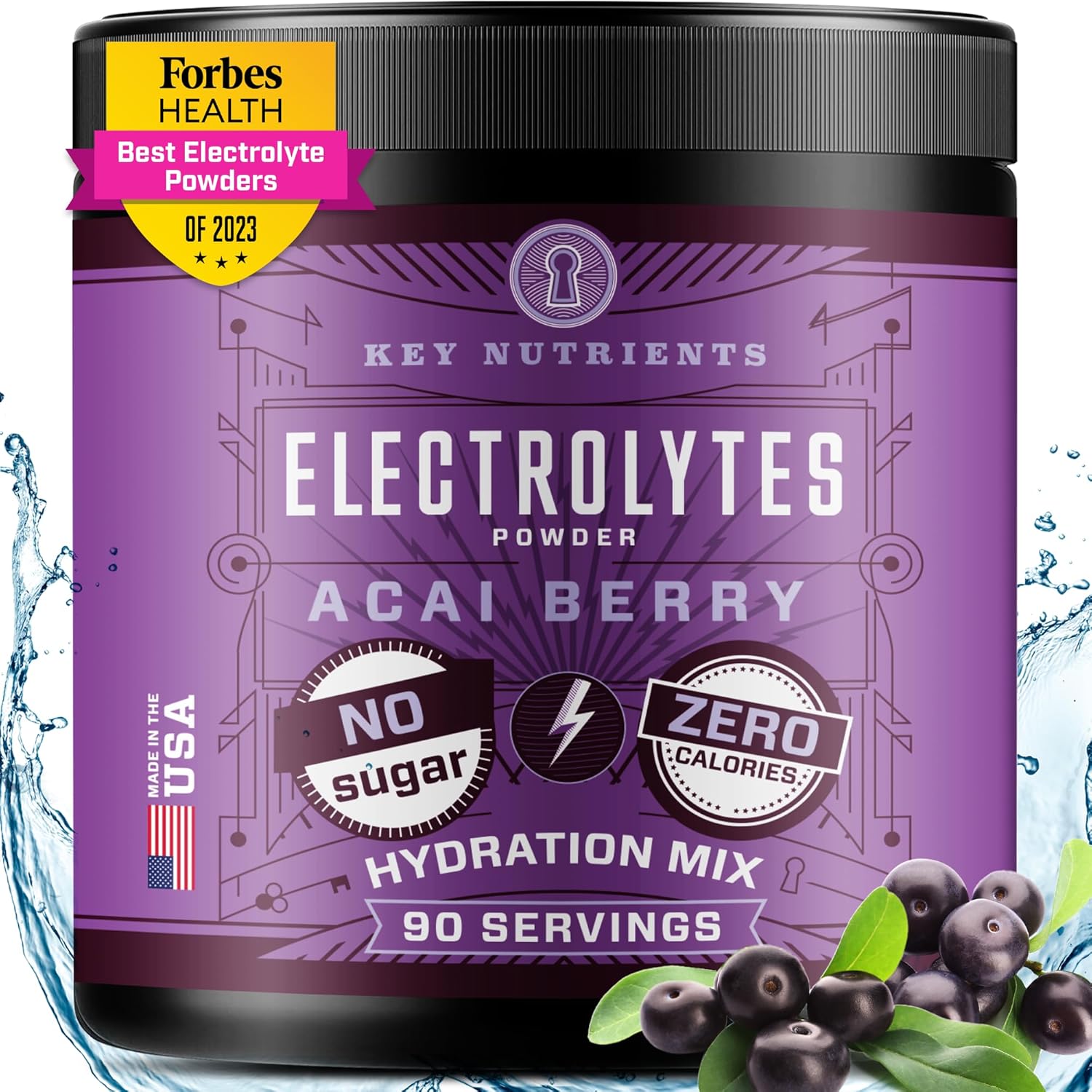 KEY NUTRIENTS Multivitamin Electrolytes Powder No Sugar - Fruity Acai Berry Electrolyte Powder - Endurance & Energy Supplement - Hydration Powder - No Calories - 90 Servings - Made in USA