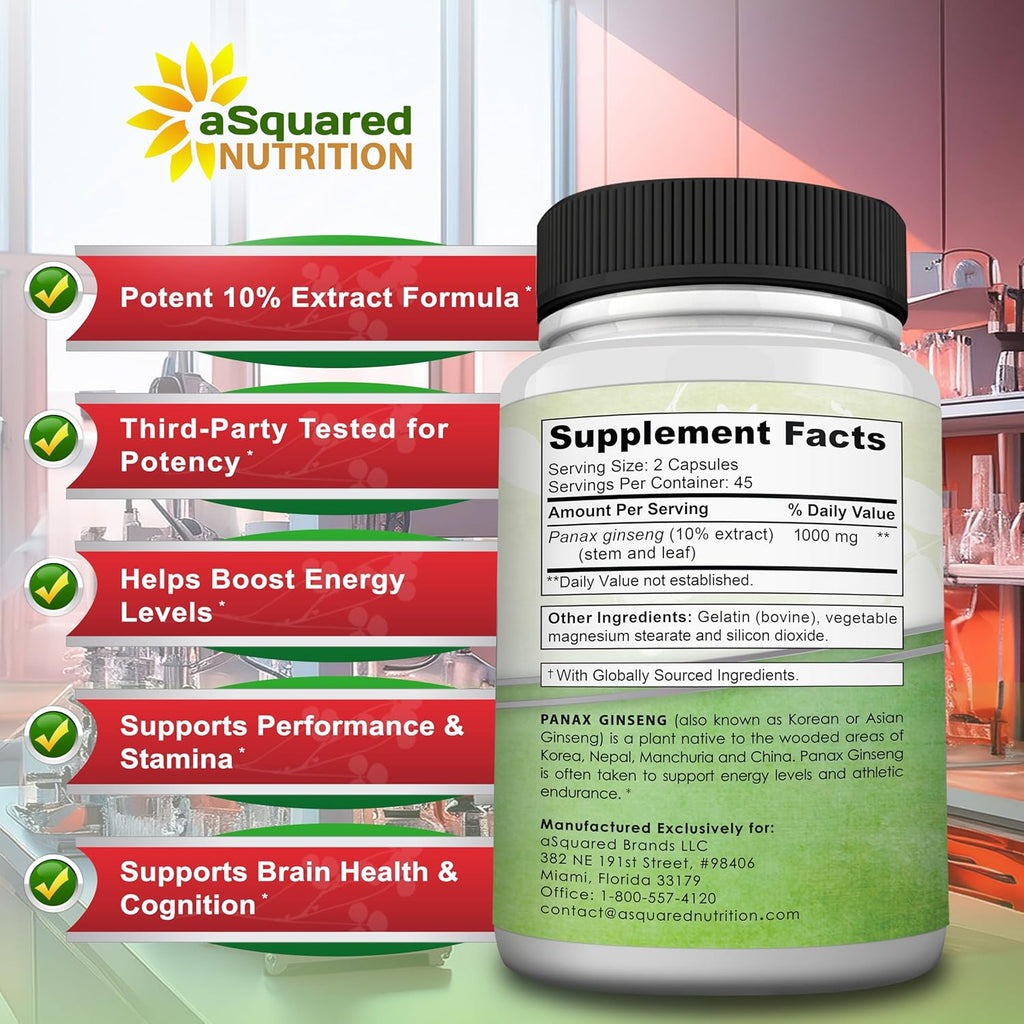 aSquared Nutrition Natural Korean Panax Ginseng (1000mg Max Strength)-90 Capsules Root Extract Complex (Red & White), High Dosage Ginsenosides in Seeds, Asian Powder Supplement,Tablet Pills for Energy
