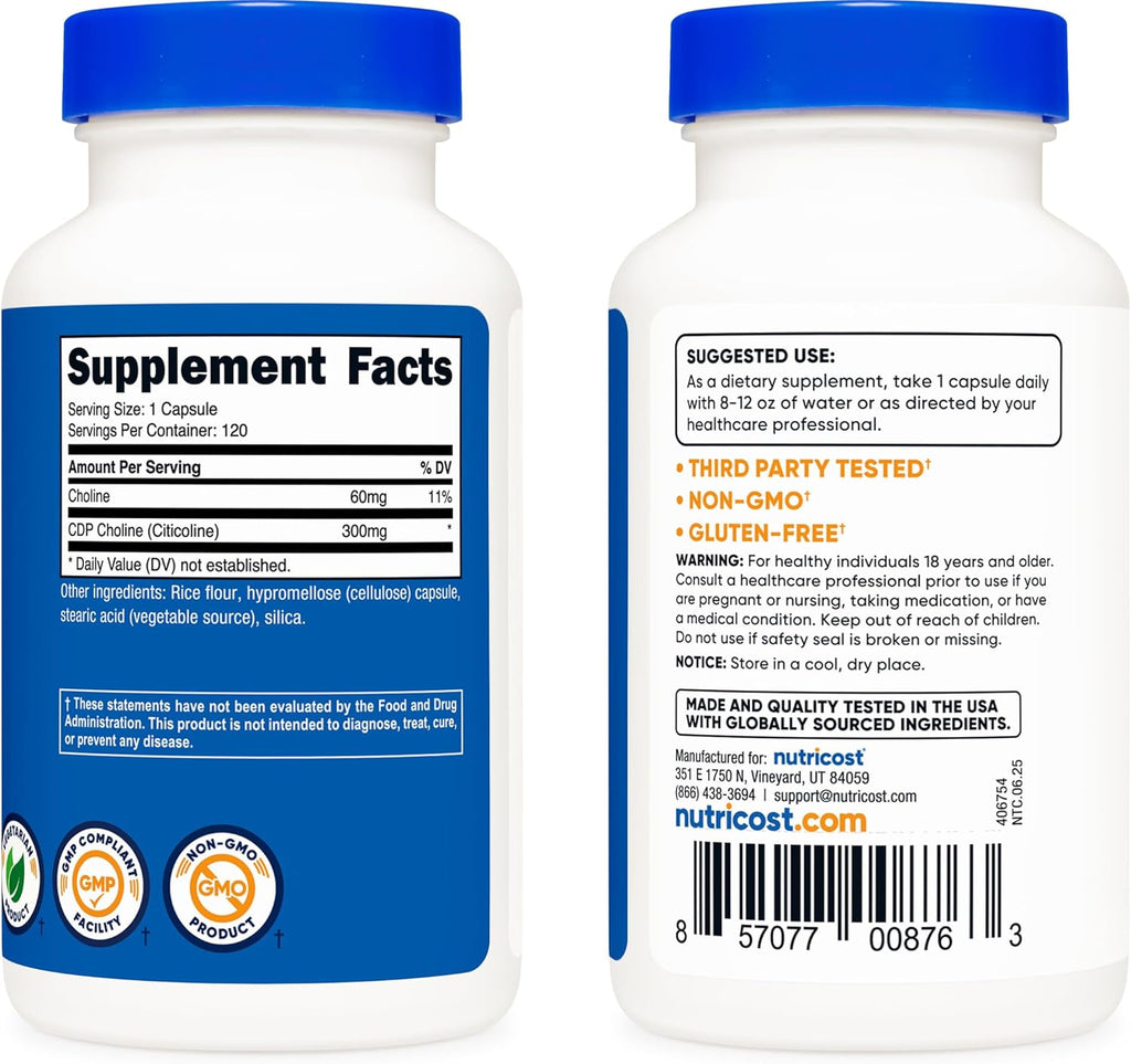 Nutricost CDP Choline (Citicoline) 300mg, 120 Vegetarian Capsules - Non-GMO, Vegetarian Friendly, Gluten Free