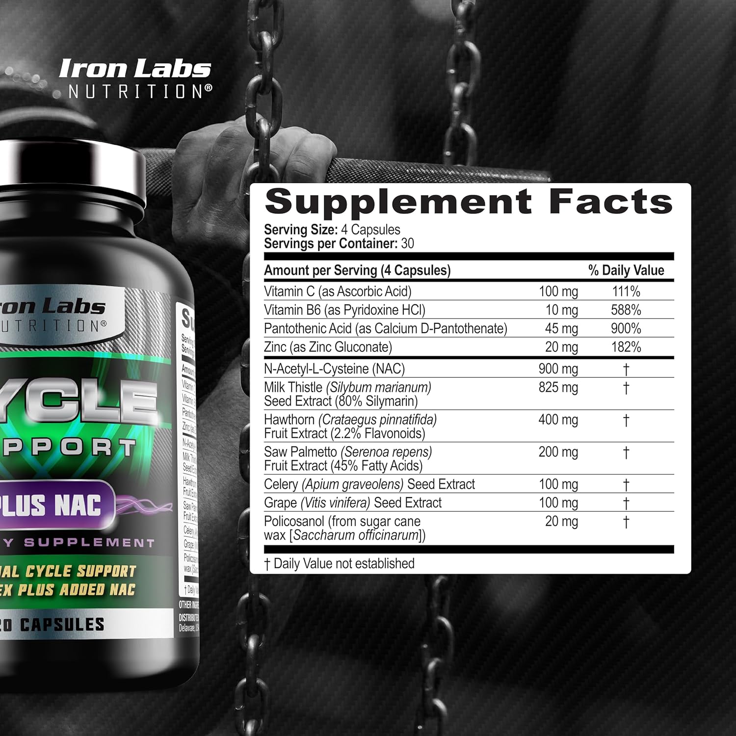 Iron Labs Nutrition: Cycle Support Plus NAC (N-Acetyl-L-Cysteine) - Kidney and Liver Support Supplement - On Cycle Support Supplements for Men - N Acetyl L Cysteine and Milk Thistle (120 Capsules)