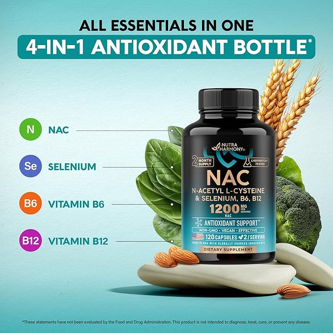 NAC Supplement | Selenium | B6 | B12 - Antioxidant, Immune Support - N Acetyl Cysteine 600 mg per Capsule, 1200 mg per Serving - Made in USA - Non-GMO, Gluten-Free, Vegan - 120 caps, 2 Month Supply