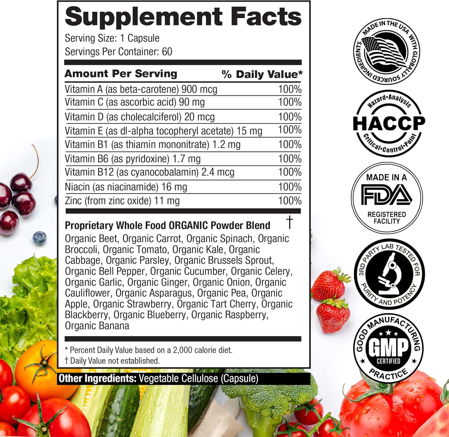 Vita Fruits and Veggies Capsules - 25 Superfood Ingredients, Fruit and Vegetable Multivitamin, 60 Count - For men and women - Vitamins A, C, D, E, B and Zinc