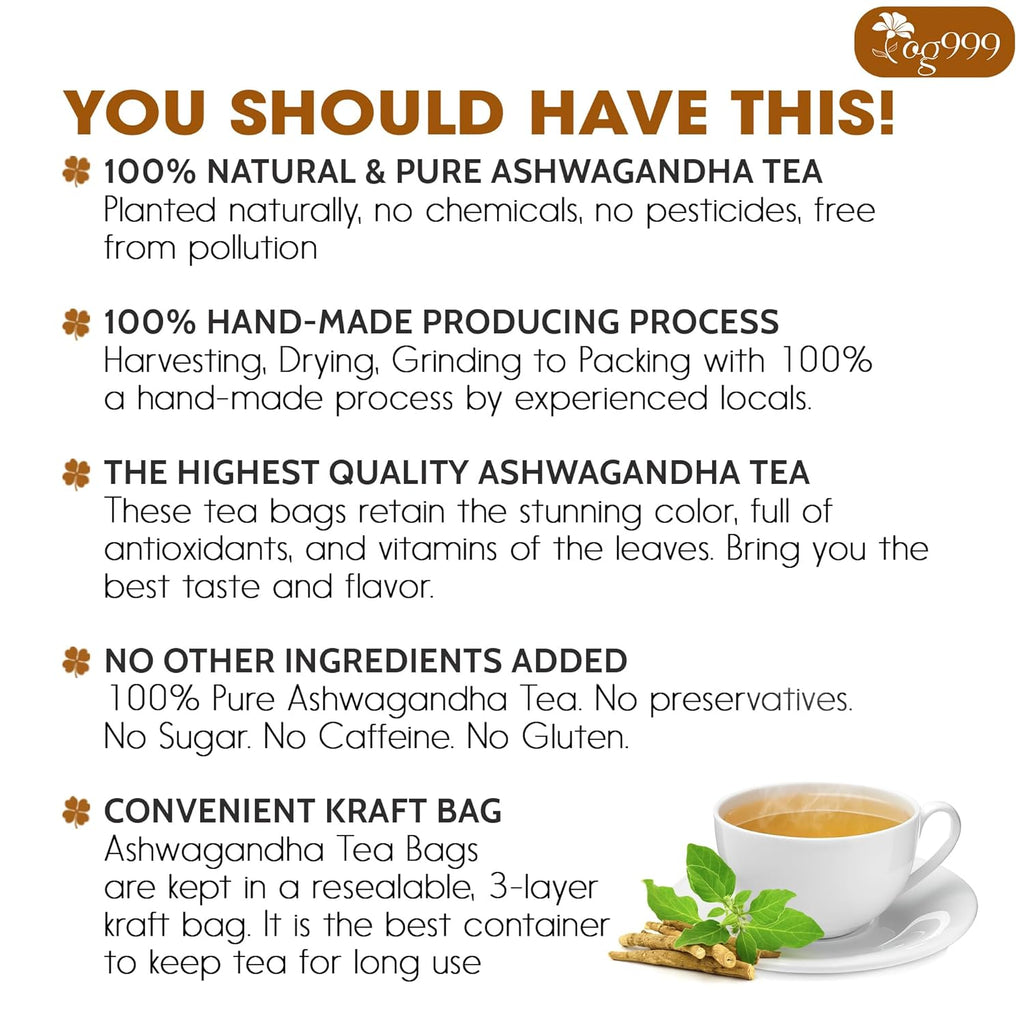 TOG999, Premium 120 Ashwagandha Root Tea Bags, 100% Natural & Pure from Ashwagandha Root. No Sugar, No Caffeine, No Gluten, Vegan.