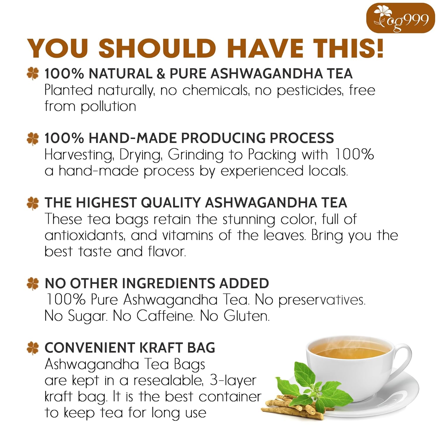 TOG999, Premium 60 Ashwagandha Root Tea Bags, 100% Natural & Pure, Ashwagandha Root Herbal Tea. No Sugar, No Caffeine, No Gluten, Vegan.