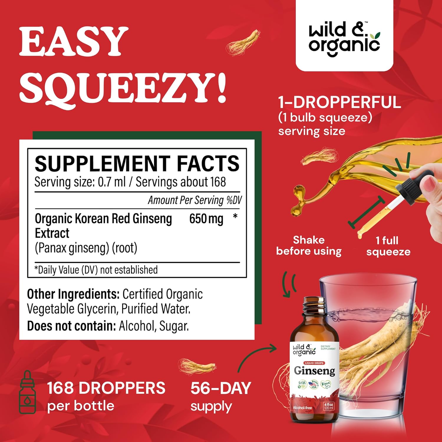 Wild & Organic Korean Panax Ginseng Extract Liquid - Red Ginseng Root Supplement for Overall Well-Being - Immune Support Drops - Vegan, Sugar & Alcohol-Free Tincture - 4 fl oz