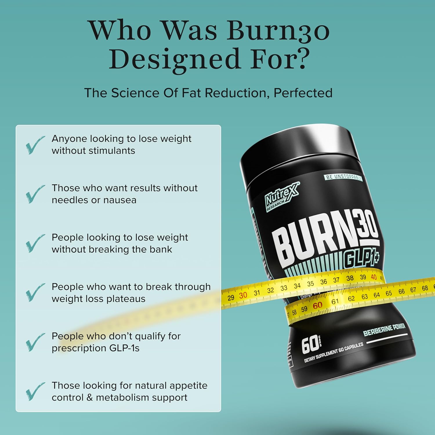 BURN30 GLP-1 Supplement - Super Berberine Weight Management Support GLP1 Naturally | Advanced Appetite Control & Metabolism Support with Clinically Studied Ingredients  | Stimulant Free