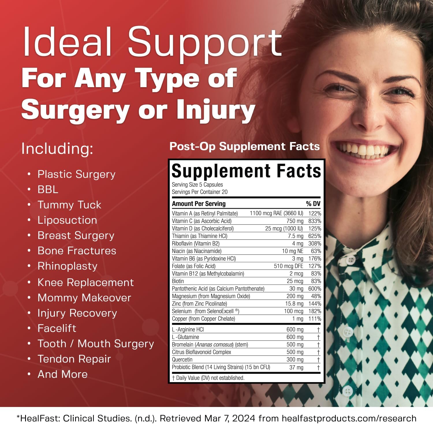 HealFast Complete Surgery & Injury Recovery Supplement: for Wound, Scar Treatment & Bruising w/Vitamins, Bromelain, Quercetin & Probiotics (Pre+Post Op)