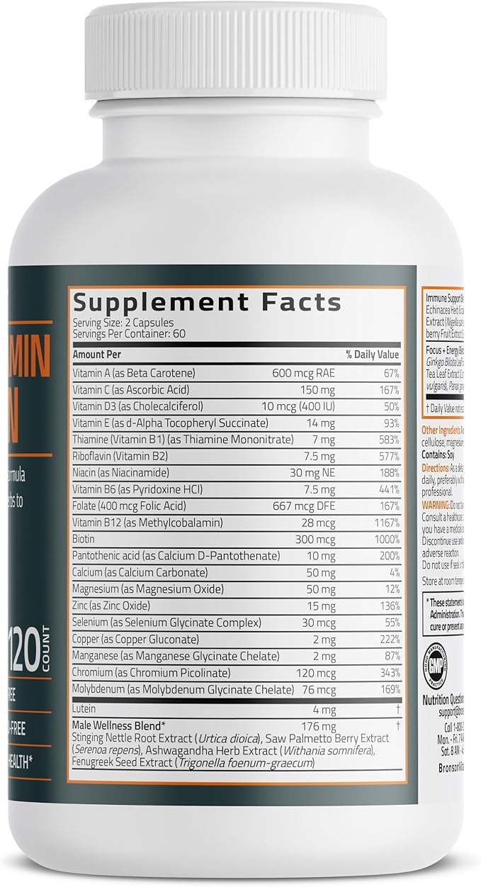 Bronson Multivitamin for Men All-in-One Daily Coverage Formula Key Vitamins, Minerals & Herbs to Support Men's Health, 120 Capsules