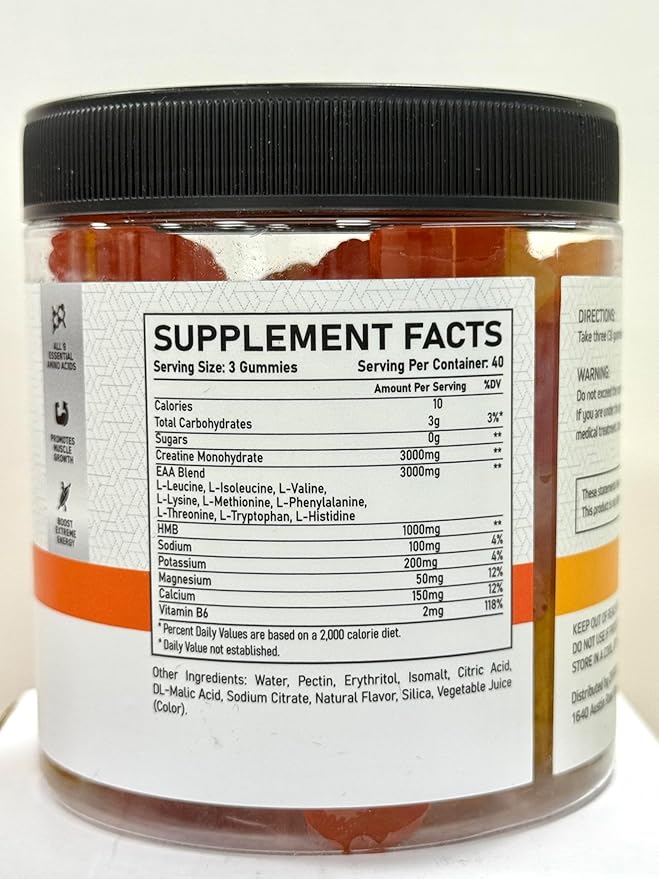 EAA Gummies for Men Women, 120 Ct Essential Aminos Acids (EAA)Supplements and All Branched-Chain Aminos (BCAAs)with HMB,Creatine Monohydrate,Electrolytes for Muscle Relief & Growth,Orange-Lemon