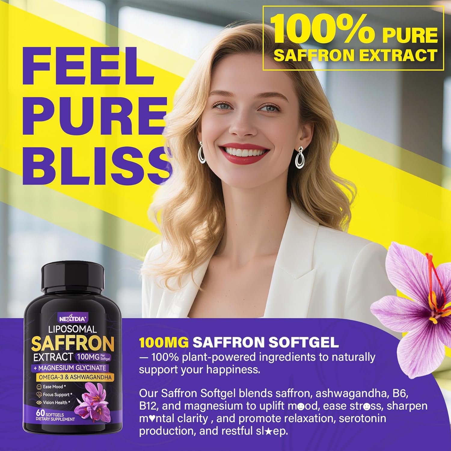 Saffron Supplements - 100mg Liposomal High Absorption 100% Pure Saffron Extract with Magnesium Glycinate, Omega-3, Turmeric, Ashwagandha, Vitamin B6, B12, D3 for Mood, Brain - 60 Softgels.