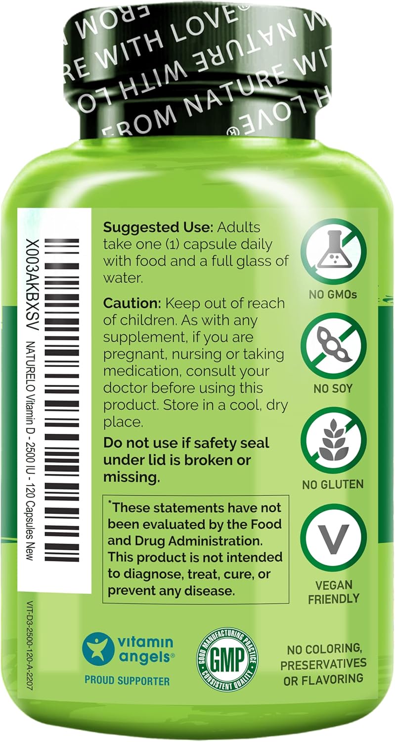 NATURELO Vitamin D - 2500 IU - Plant Based from Lichen - Natural D3 Supplement for Immune System, Bone Support, Joint Health - Vegan - Non-GMO - Gluten Free - 120 Capsules