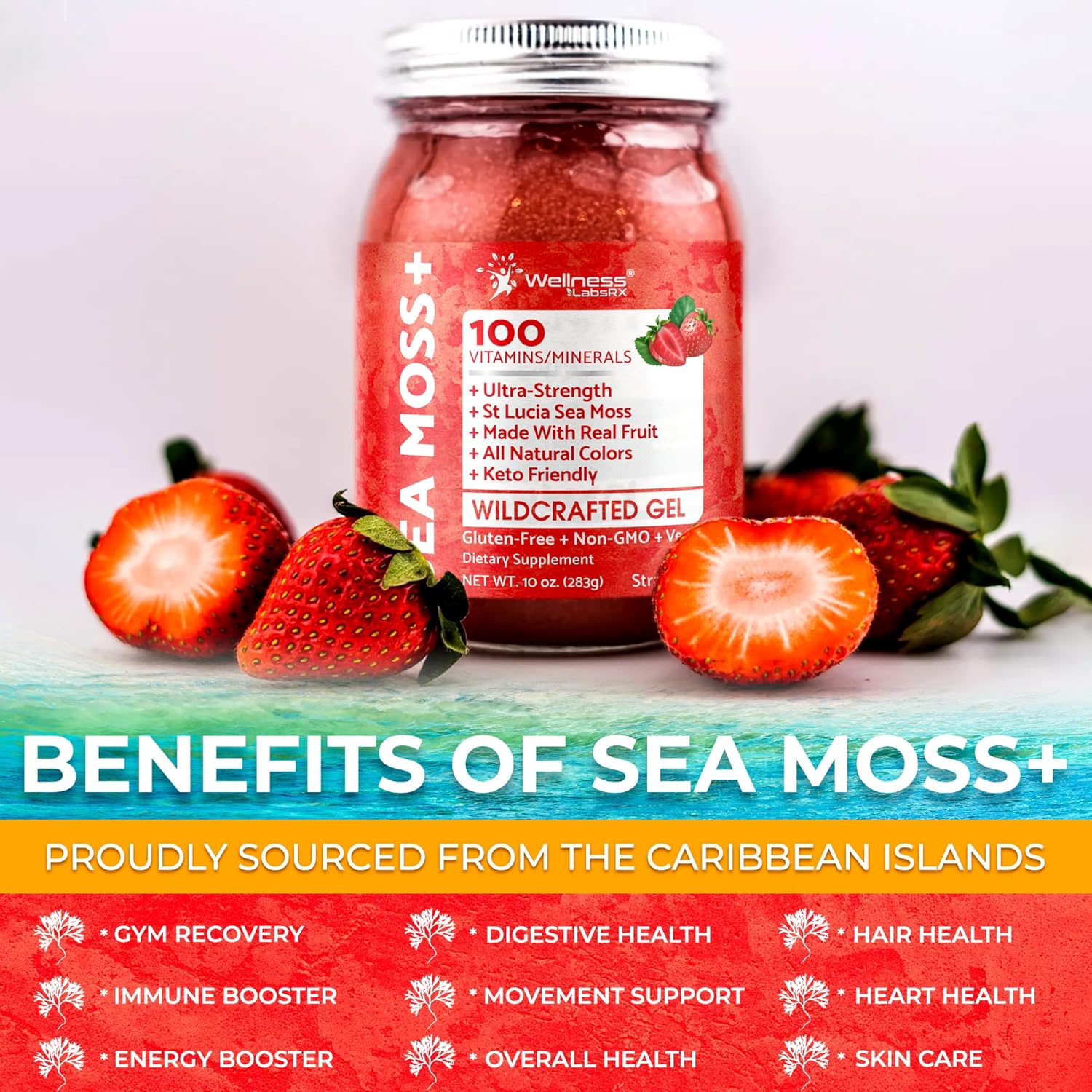 Irish Sea Moss Gel Raw - Wildcrafted Superfood Seamoss Gel - Strawberry Flavor, Vitamin and Mineral-Rich from Pristine Caribbean Waters, Immune and Digestive Health Support - 10 oz.