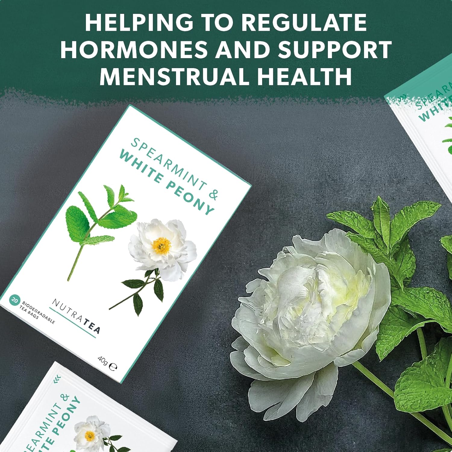 Nutra Tea - Spearmint & White Peony – Spearmint Tea, PCOS Tea - For Digestion, Women's Health & Acne - 20 Individually Wrapped Bags - Herbal Infusion (1 Pack)