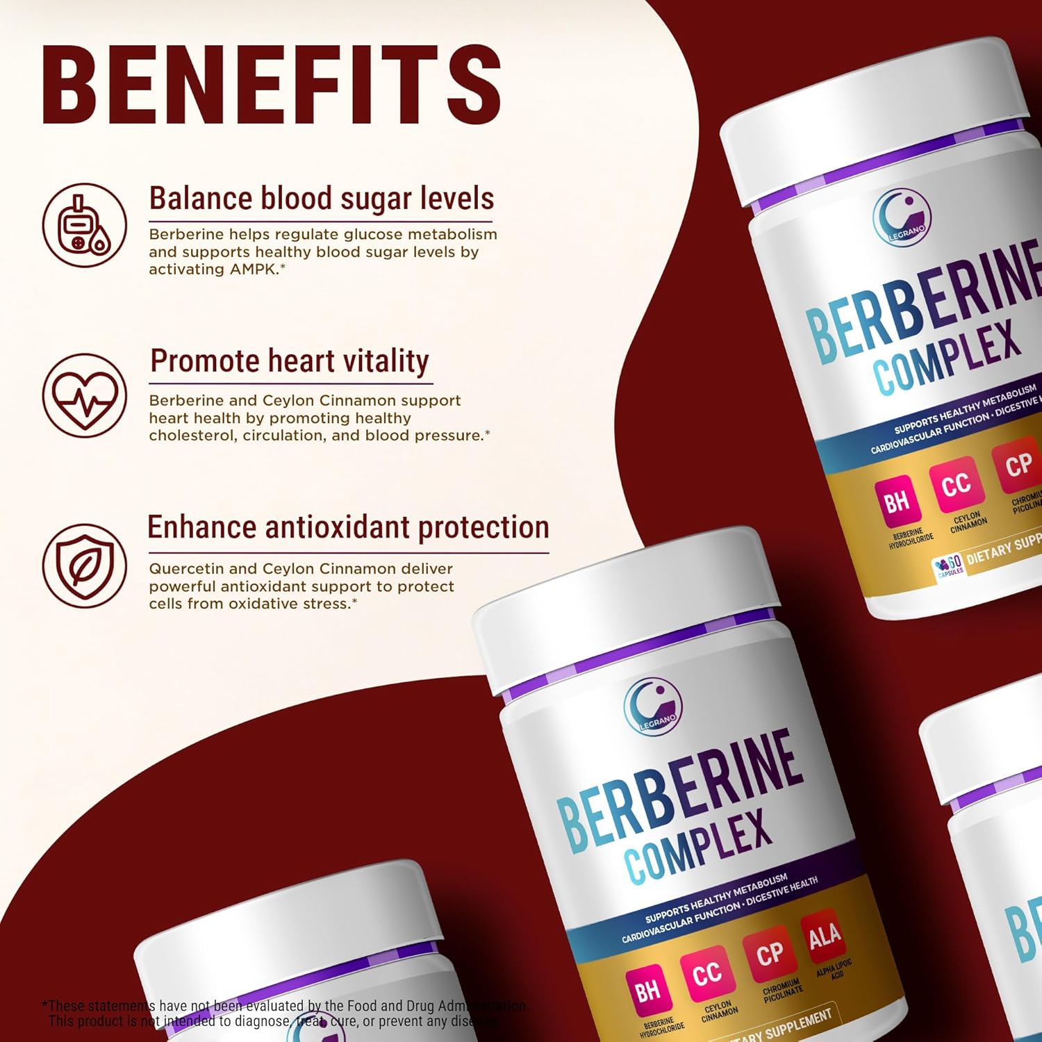 LEGRANO Berberine Supplement 500mg with Ceylon Cinnamon, ALA & Chromium – Berberine Complex for Glucose Metabolism & Heart Support – 60 Vegan Capsules