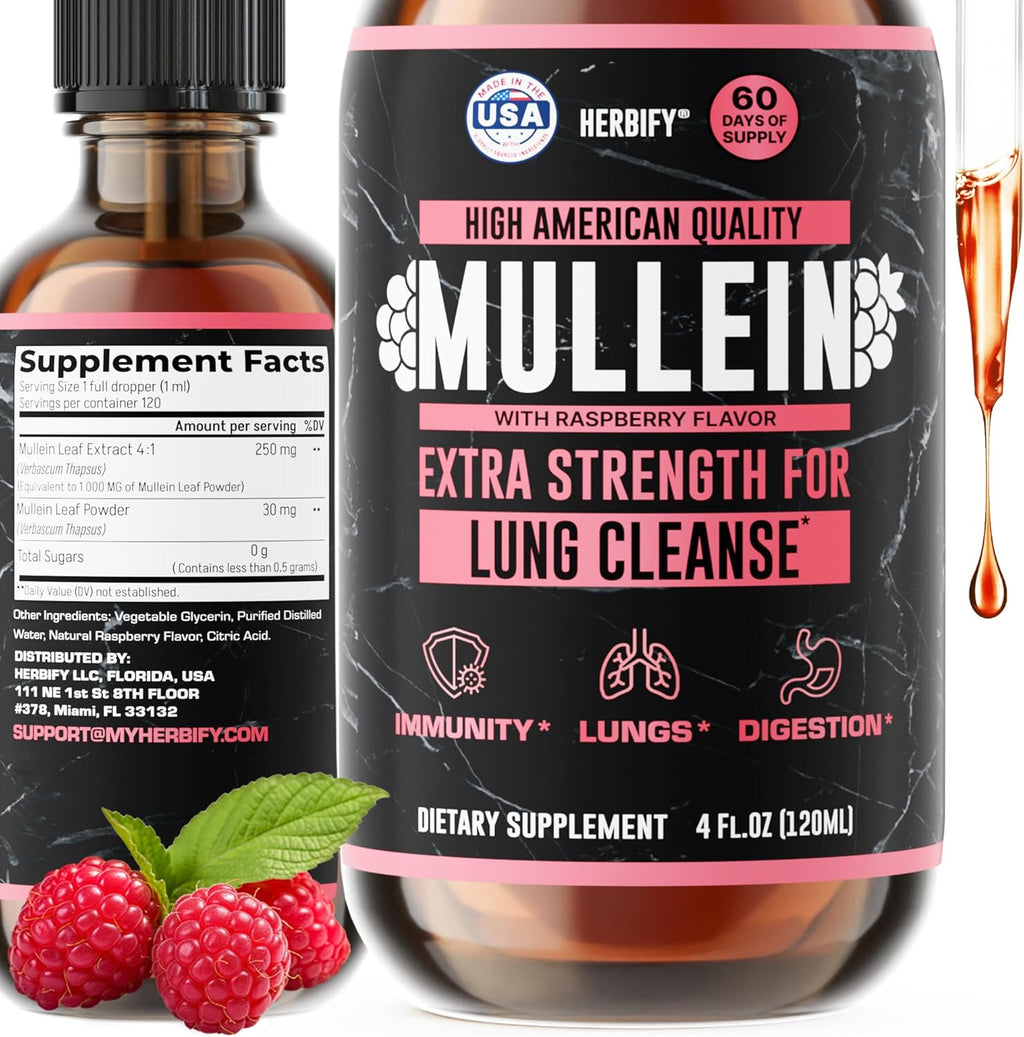 HERBIFY Mullein Drops - Lung Cleanse - Leaf Extract - Powerful Mullein for Immune Support, Detox & Respiratory Support - Made in USA - 4 Oz Raspberry Flavor