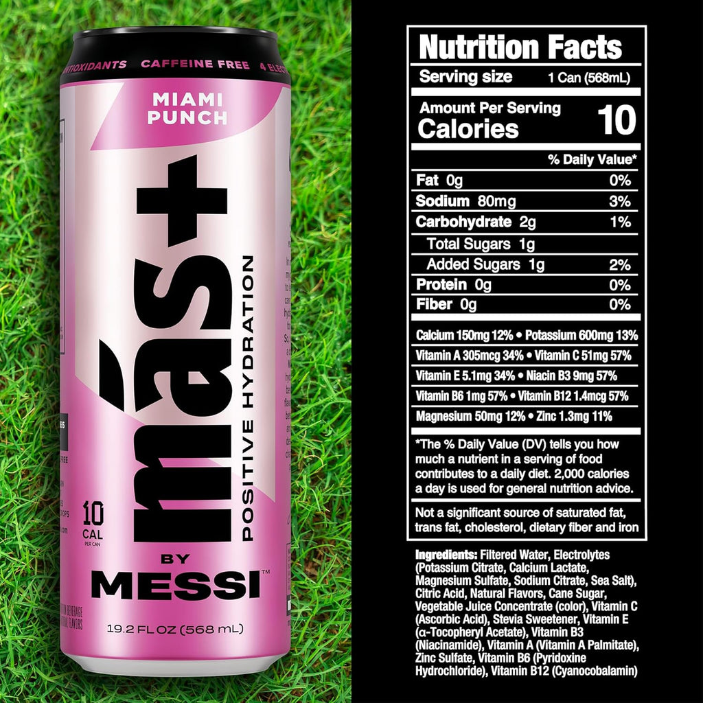 Más+ By Messi 19.2oz Miami Punch Sports Drink & Hydration Beverage, Natural Flavors with Vitamins and Electrolytes, No Artificial Sweeteners or Colors, 12-pack