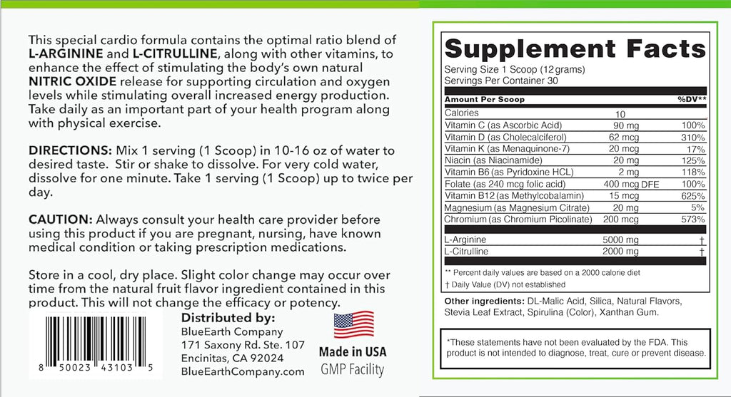 L-Arginine 5000mg + L-Citrulline 2000mg Complex Powder Supplement Drink Mix - Nitric Oxide Booster for Heart Health, Blood Flow & Energy - 30 Servings (Green Apple)