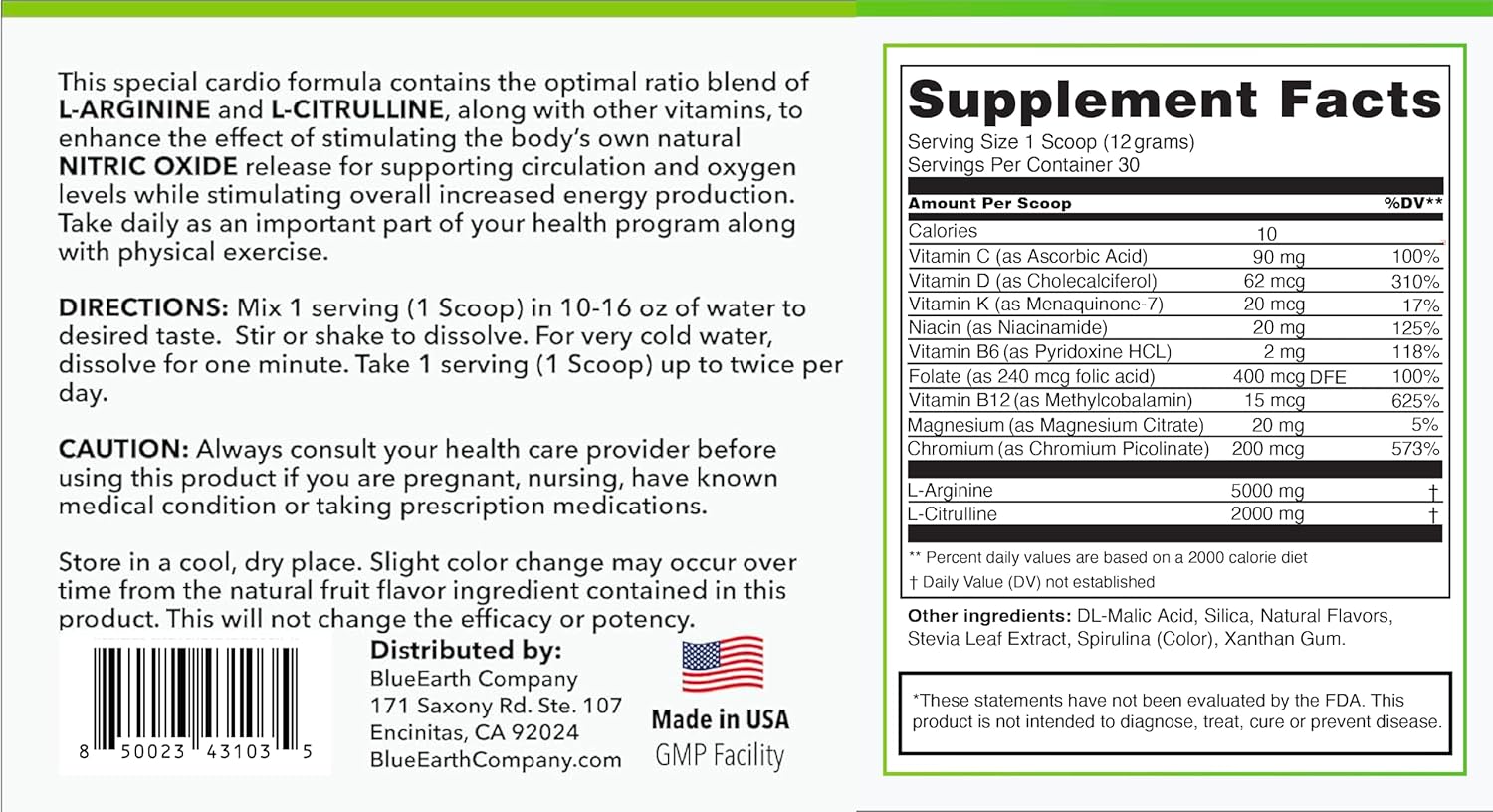 L-Arginine 5000mg + L-Citrulline 2000mg Complex Powder Supplement Drink Mix - Nitric Oxide Booster for Heart Health, Blood Flow & Energy - 30 Servings (Green Apple)