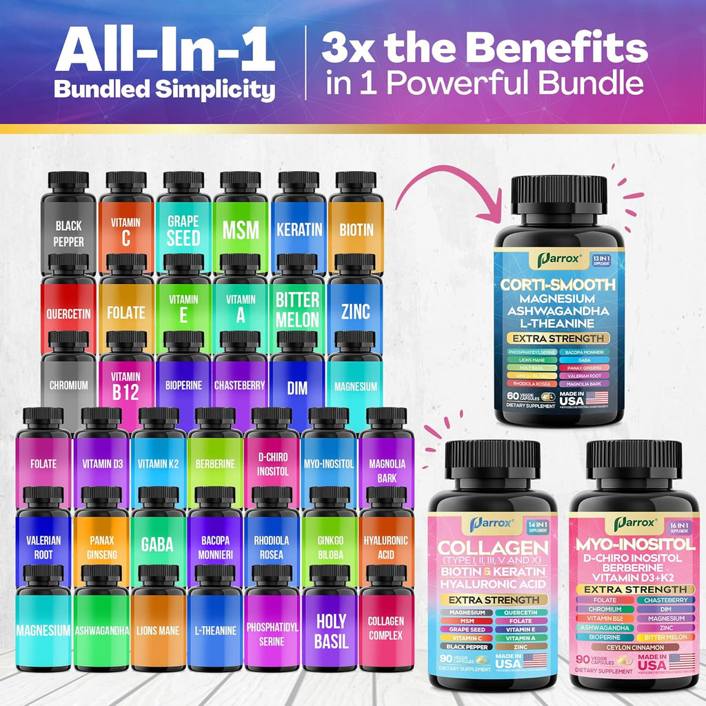 She Shines Set, Collagen Peptides Types I, II, III, V, X, Biotin, Keratin, Myo Inositol, D-Chiro Inositol, DIM, Vitex, Berberine, Cortisol Support, Magnesium, Ashwagandha, L-Theanine Lions Mane