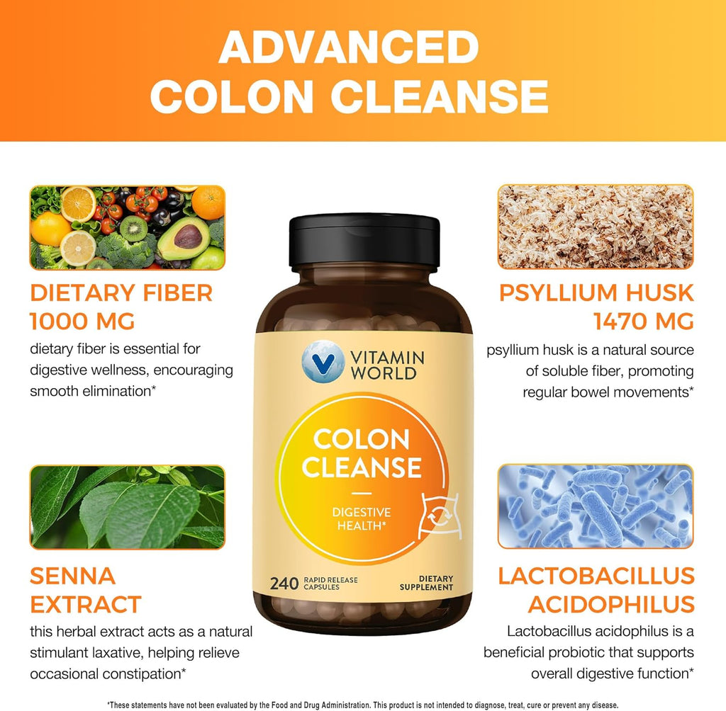 Vitamin World Colon Cleanse - 240 Capsules, Gut Detox with Psyllium Husk, Senna, Probiotics, Dietary Fiber & Herbal Blend – Supports Constipation Relief, Digestive Health & Regularity, Gluten-Free