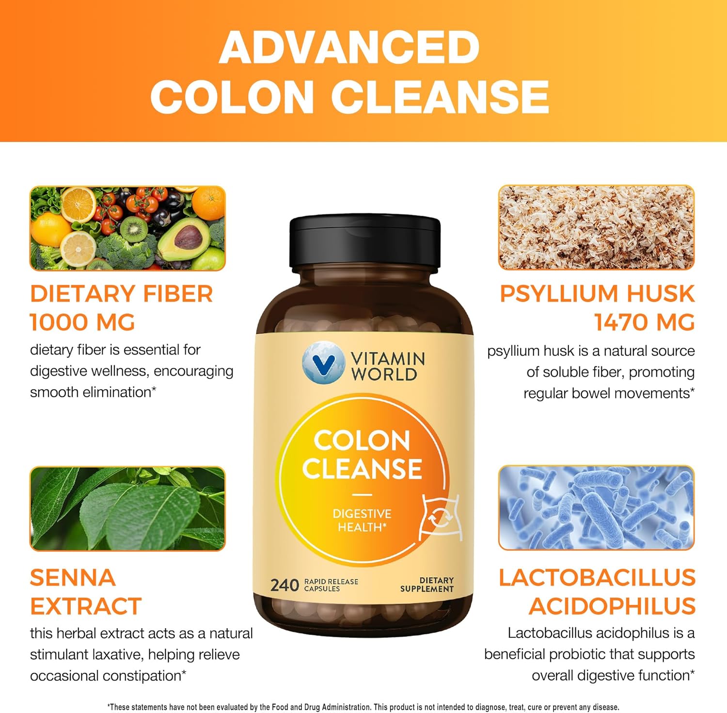 Vitamin World Colon Cleanse - 240 Capsules, Gut Detox with Psyllium Husk, Senna, Probiotics, Dietary Fiber & Herbal Blend – Supports Constipation Relief, Digestive Health & Regularity, Gluten-Free