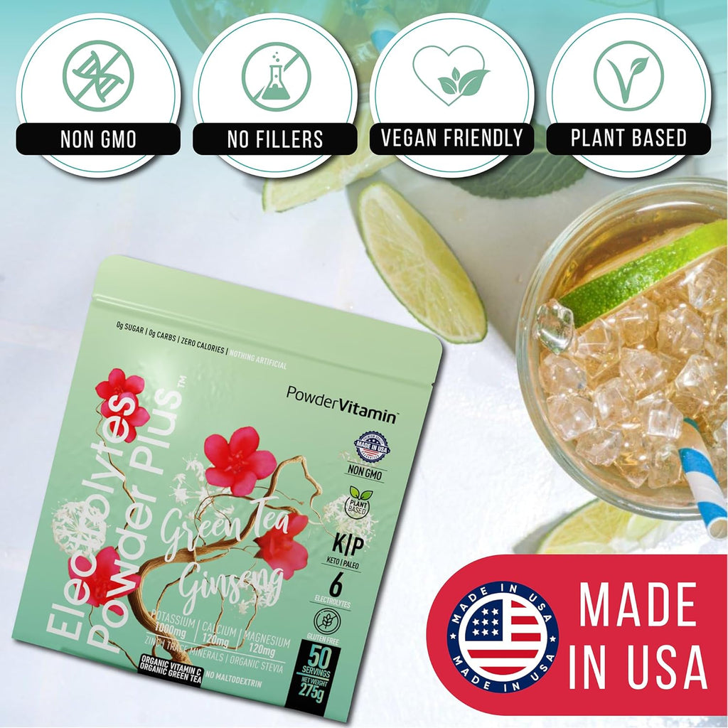 PowderVitamin Electrolytes Powder Plus (50 Servings) Green Tea Ginseng Electrolyte Powder Keto, Sugar Free, Pink Himalayan Salt,1000mg Potassium,120mg Calcium,120mg Magnesium, Hydration Powder