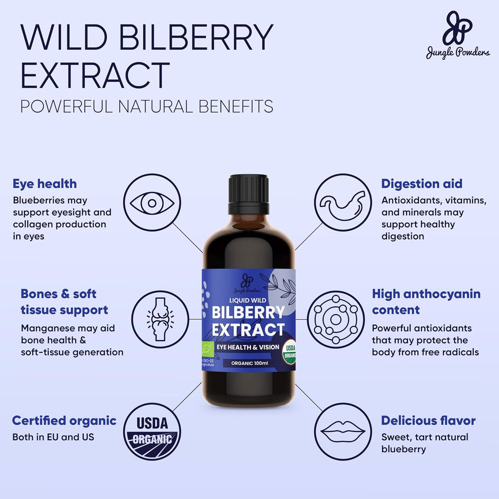 Wild Bilberry Extract for Eyes USDA Organic 3.4oz Bottle of Liquid Bilberry Anthocyanin Alcohol-Free European Blueberry Bilberry Supplement for Eyes High Bioavailability Liquid Extract