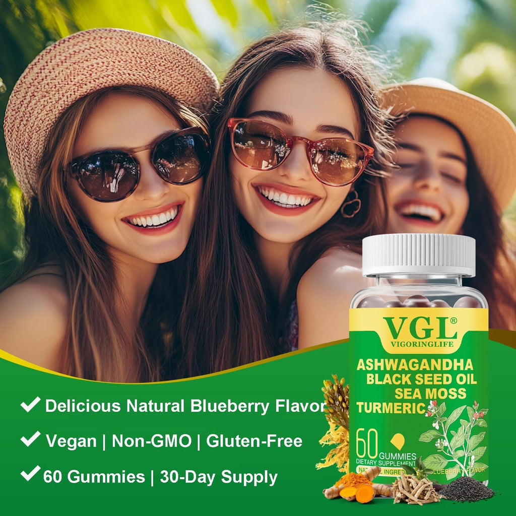Ashwagandha Gummies for Women & Men - Vegan, Non-GMO, Gluten Free, Ashwagandha Supplements for Stress Relief, Blueberry Flavor, 60 Count