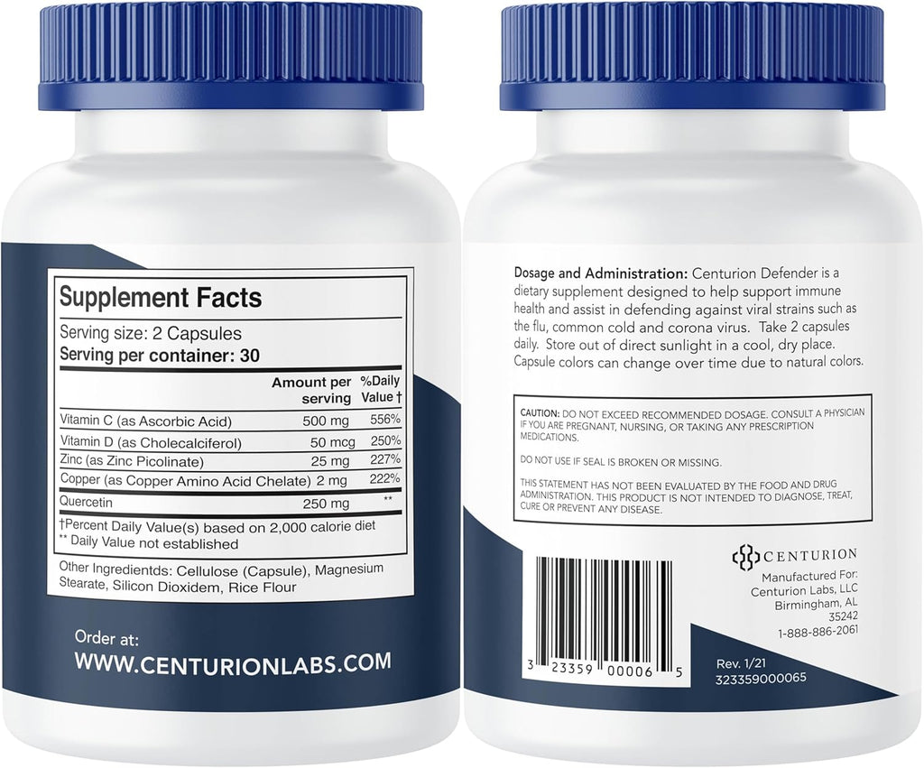 Centurion Labs Defender Immunity Boost, 5-in-1 Powerful Blend of Quercetin, Zinc, Vitamin D, Vitamin C, Copper to Help Support Overall Health, 60 Caps