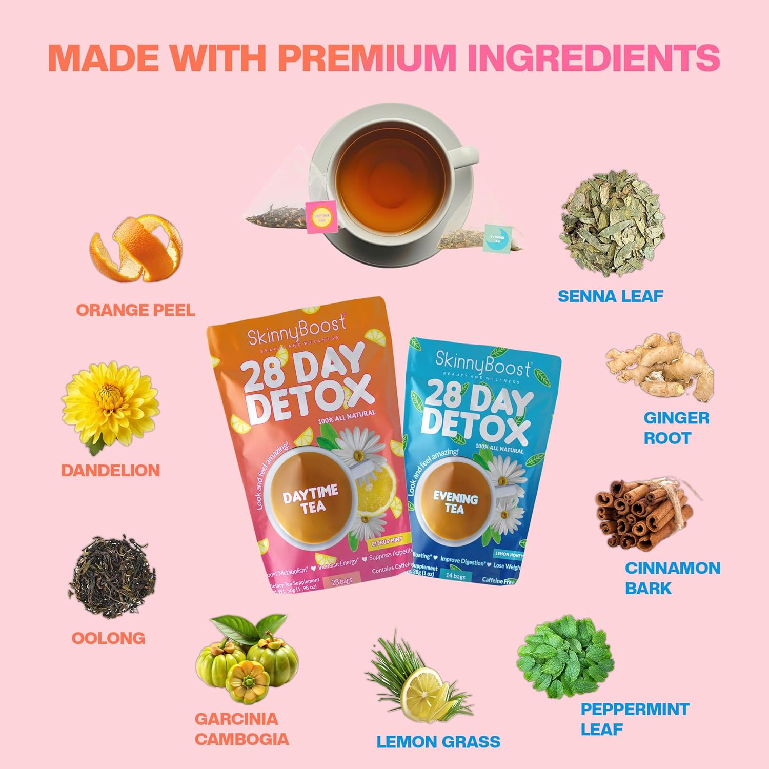 Skinny Boost Detox Tea Kit- 2 PACK –1 Daytime (28 Bags) + 1 Evening -(14 Bags) – Herbal Detox for Weight, Metabolism, Energy, Bloating & Colon Cleanse – Green Tea, Vegan, Keto, Non-GMO, Sugar-Free