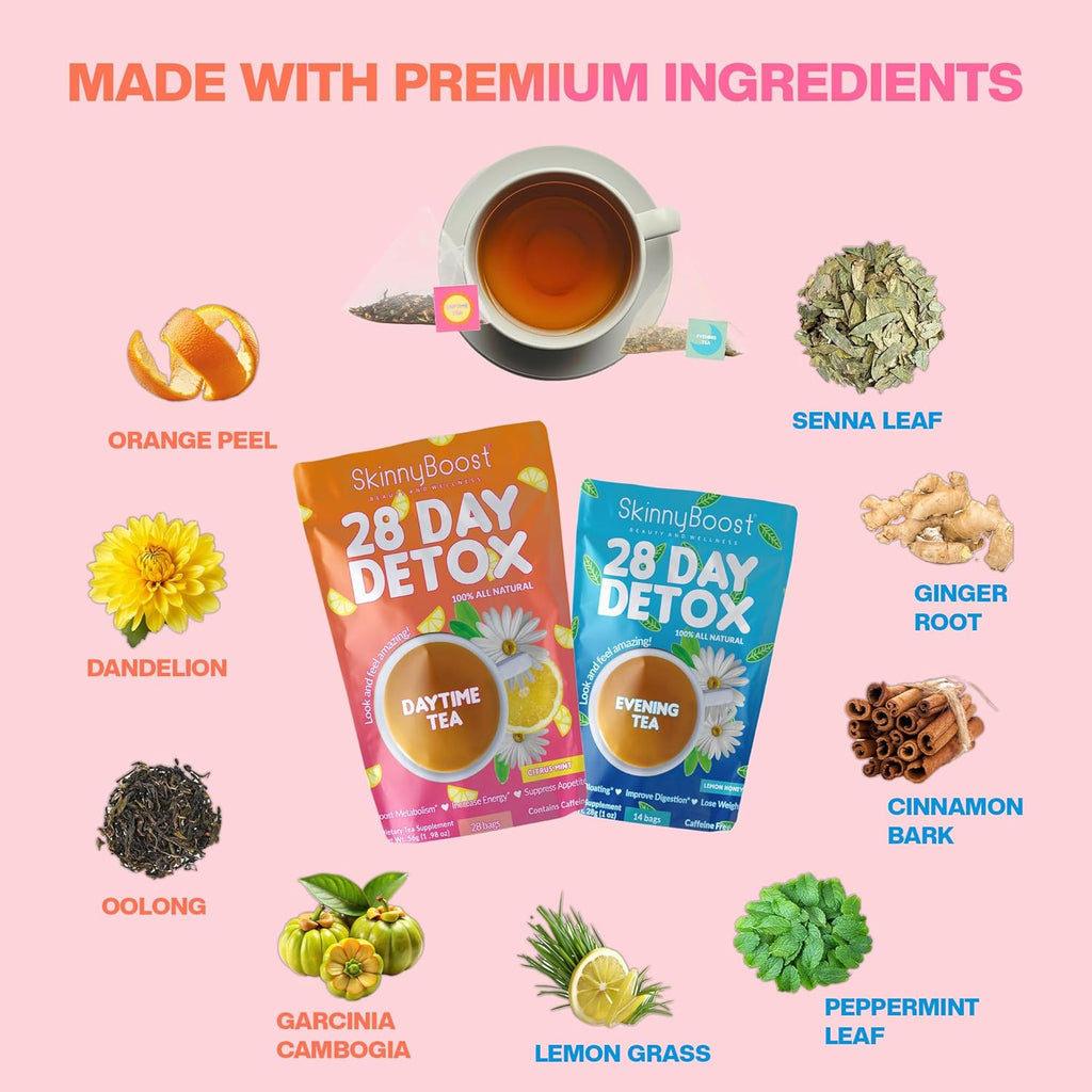 SkinnyBoost 28 Day Detox Tea Kit – Natural Cleansing & Bloating Support – 3 Pack - 28 Daytime Tea Bags & 14 Evening Tea Bags – Green Tea & Herbal Blend – Non-GMO, Vegan, Keto-Friendly, Sugar-Free