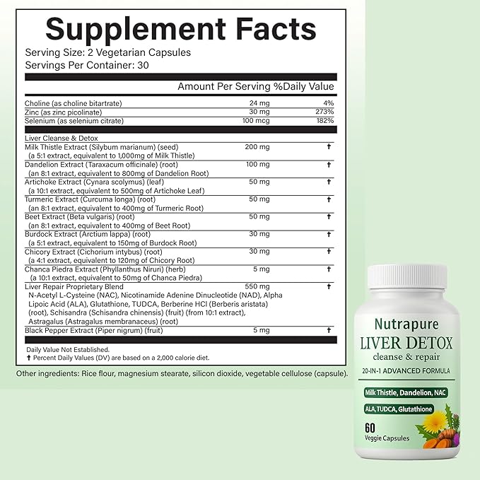 Nutrapure Liver Detox Capsules, 20-in-1 Liverdetox 60 Veggie Capsules Supplement with Milk Thistle, Liver Cleanse Detox & Repair, Liverhealth Formula