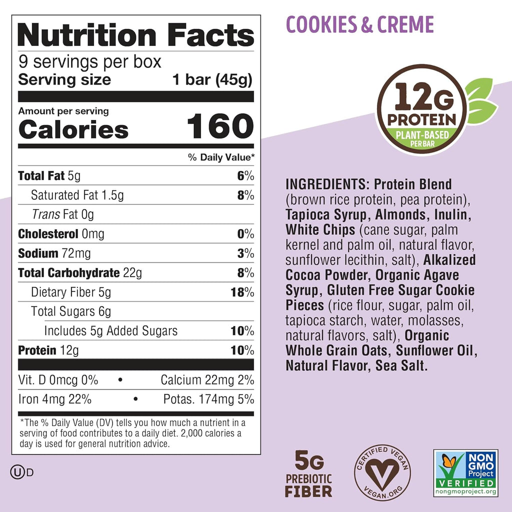 Lenny & Larry's Cookie-fied Protein Bar – Cookies & Creme Vegan Protein Bars 9x45g – Healthy Snacks with 12g Plant Protein & 5g Fiber – Gluten free Power Bar, Keto Friendly, Non-GMO & Vegan