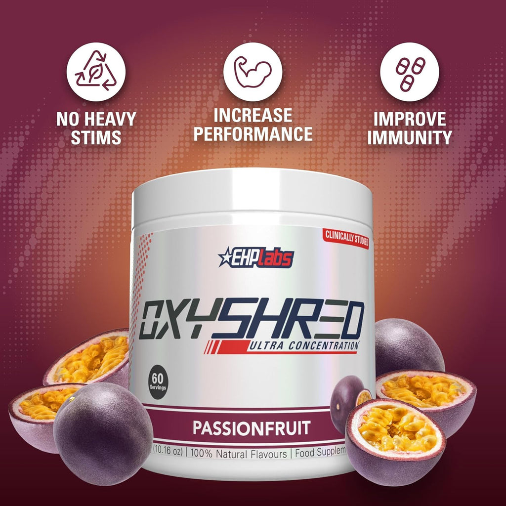 EHP Labs OxyShred Pre Workout Powder & Shredding Supplement - Preworkout Powder with L Glutamine & Acetyl L Carnitine, Energy Boost Drink - Passionfruit, 60 Servings