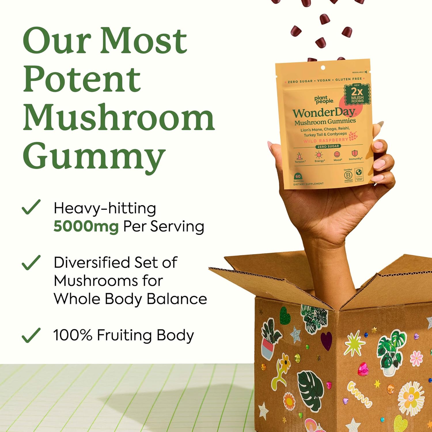 WonderDay Extra Strength Mushroom Gummies –Sugar Free Lion’s Mane, Cordyceps, Reishi & Chaga Supplement for Adults –Mood Boost, Energy, Focus, Immune Support & Gut Health –Vegan, Non-GMO (60 Count)