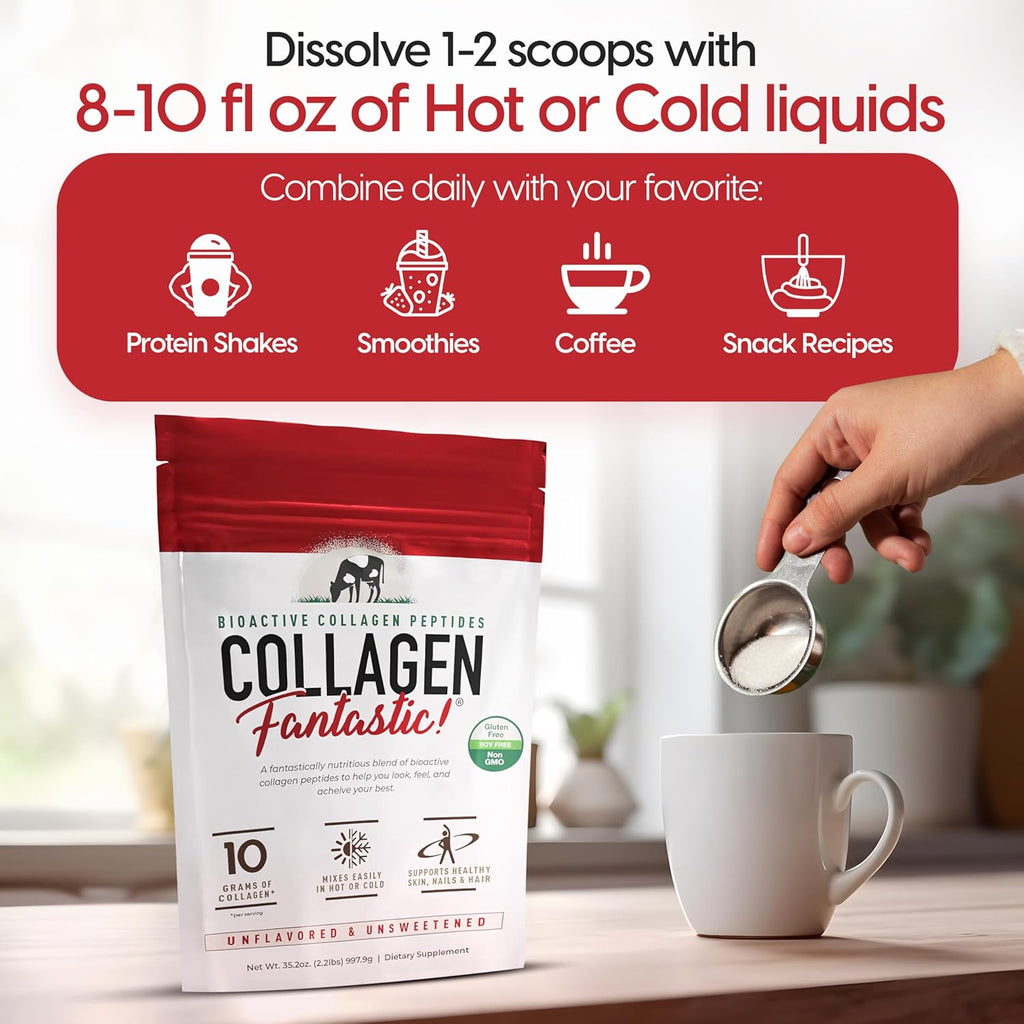Collagen Peptides Powder Unflavored 2.2lb – Grass-Fed Bovine Protein for Joints, Bones & Skin – Type I & III Hydrolyzed Collagen – Gluten-Free, Non-GMO & Soy-Free – 90 Servings