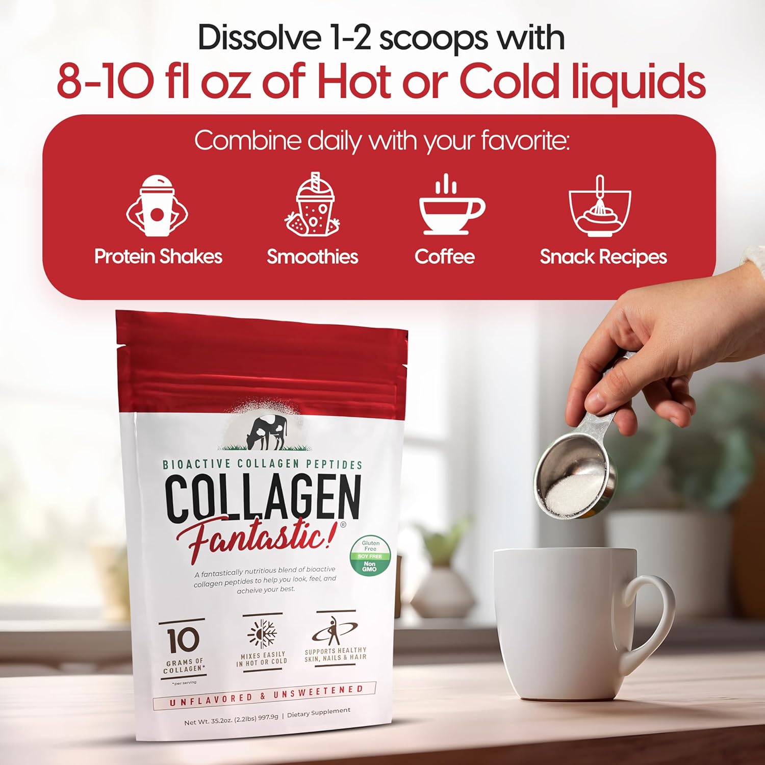 Collagen Peptides Powder Unflavored 2.2lb – Grass-Fed Bovine Protein for Joints, Bones & Skin – Type I & III Hydrolyzed Collagen – Gluten-Free, Non-GMO & Soy-Free – 90 Servings